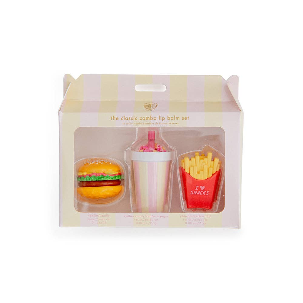 Packaged lip balm set with burger, drink, and fries design on a white background