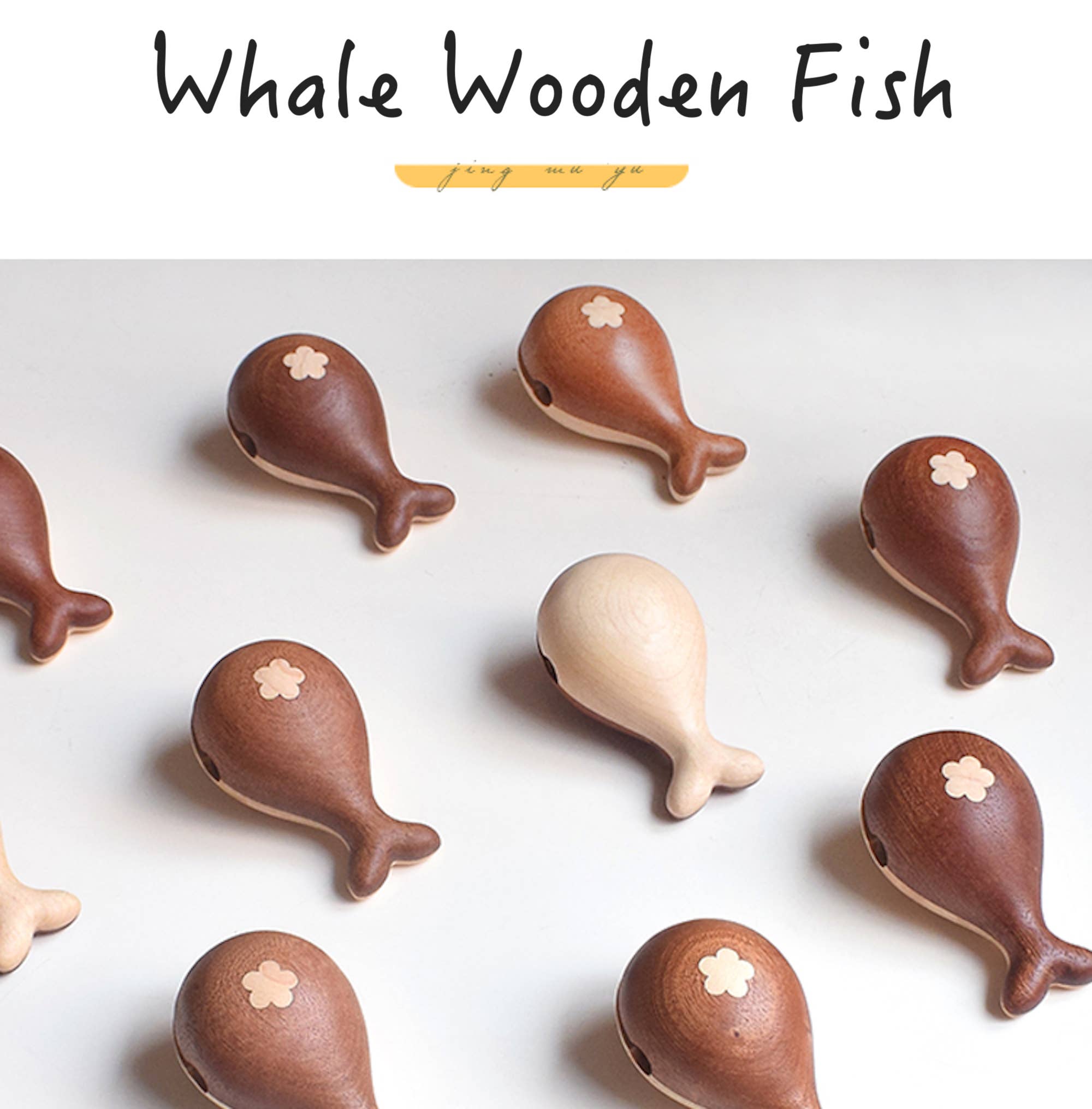 Wooden fish toys shaped like whales on a white background with 'Whale Wooden Fish' text.