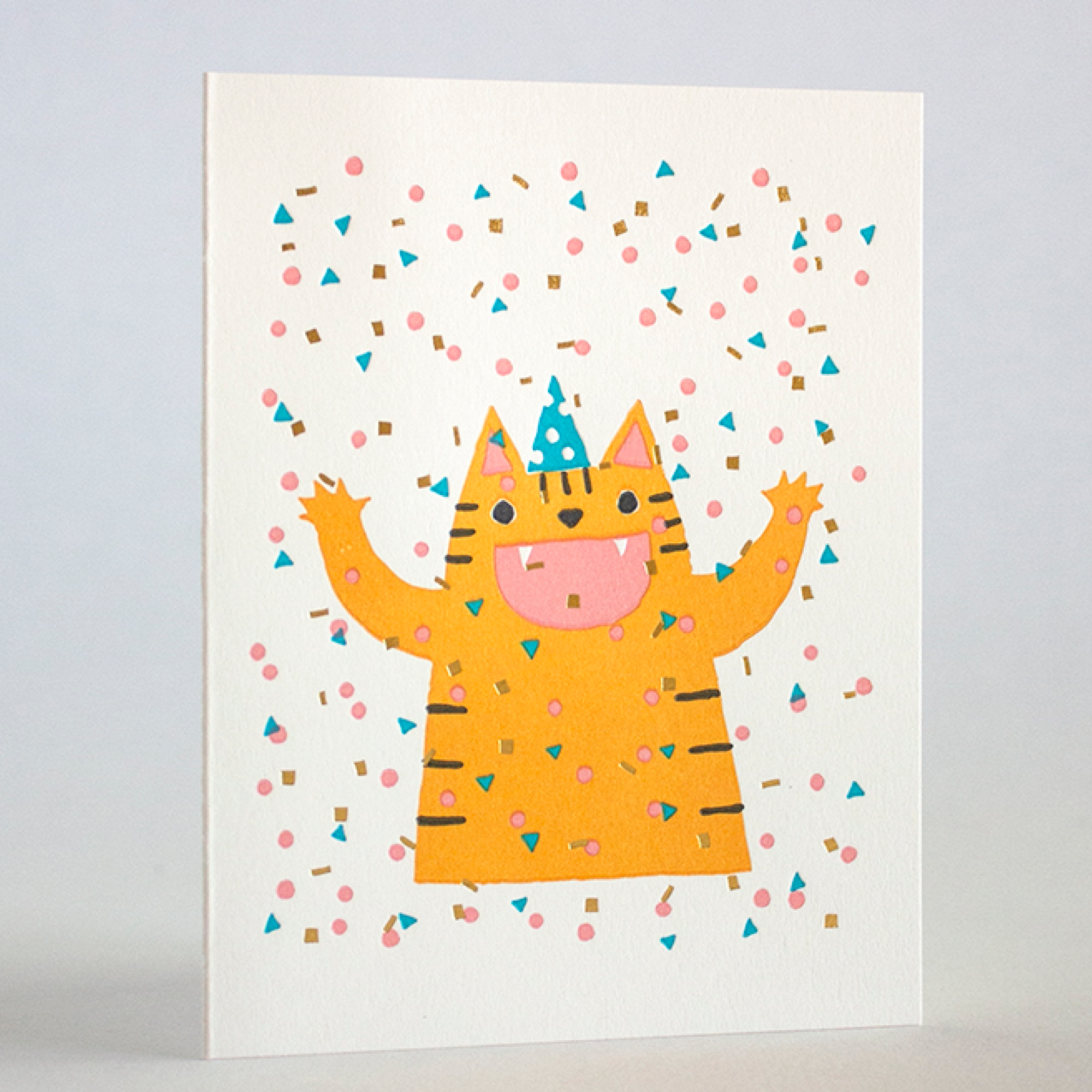 Illustration of a tiger in a party hat with confetti on a white background, labeled 'Letterpress Printed'.