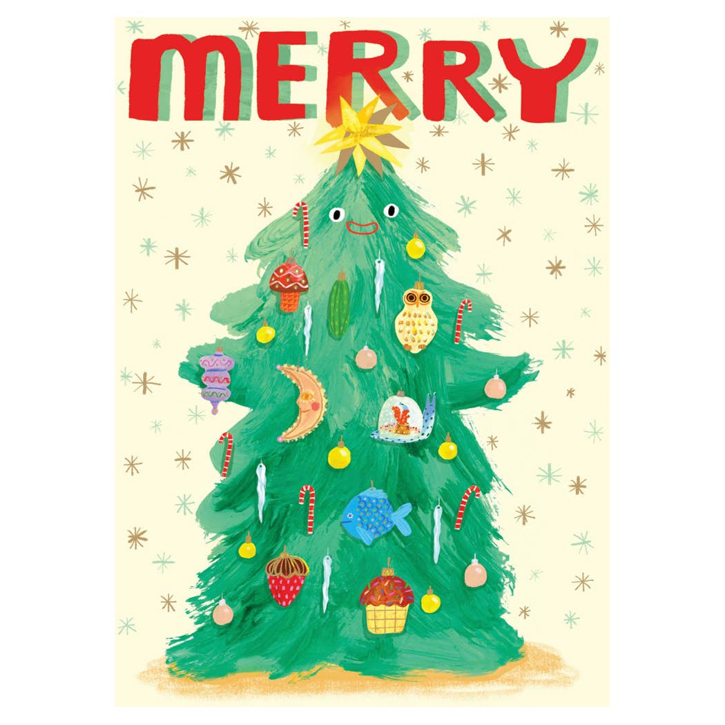 Illustration of a Christmas tree with ornaments and 'MERRY' at the top on a light background