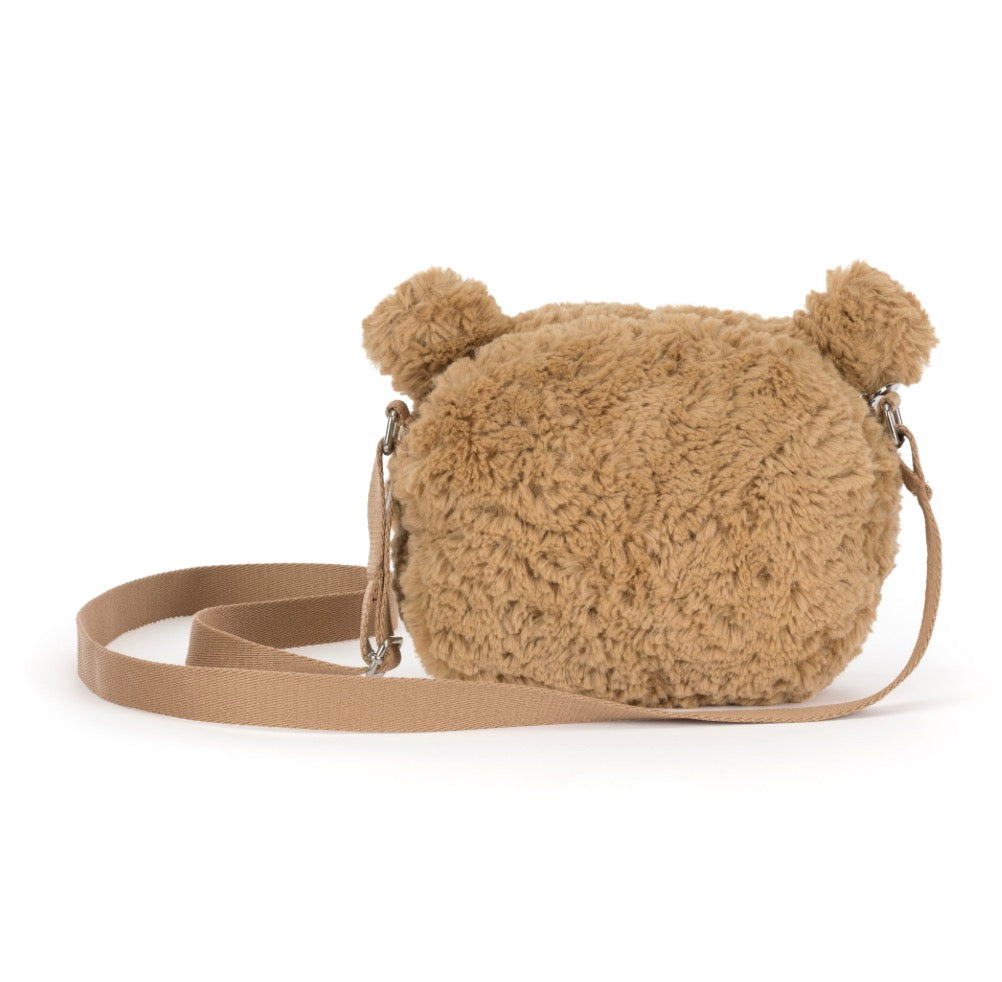 Brown teddy bear-shaped crossbody bag on a white background