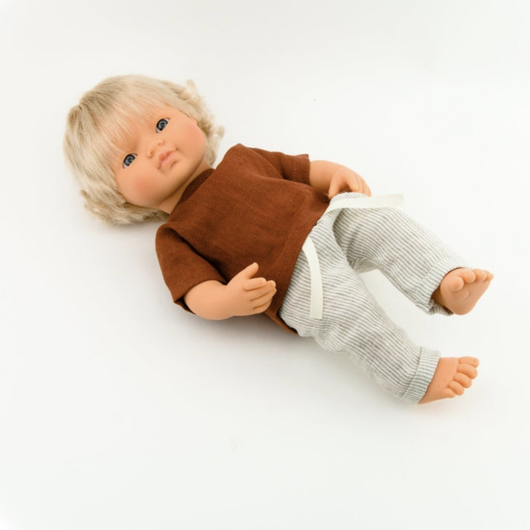 Ochra Linen Shirt with Striped Linen Pants (Two Piece Set): fits 15" Miniland Dolls