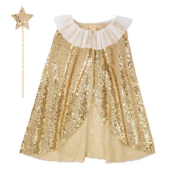 sparkly gold cape with white tulle collar and a golden star wand