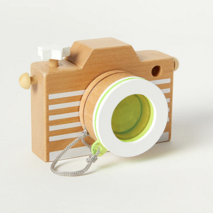 wooden camera with yellow lens 