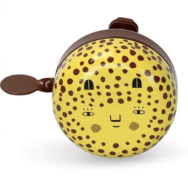 yellow bike bell featuring the face of a cheetah
