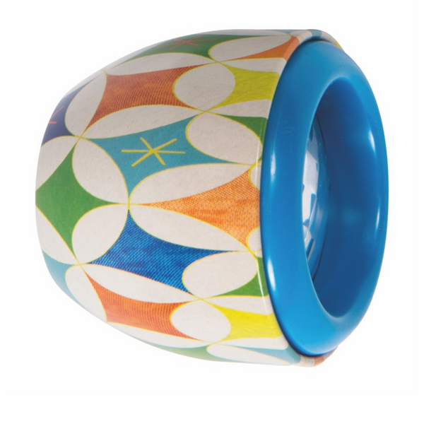side view of blue prism with colorful diamond shapes on side