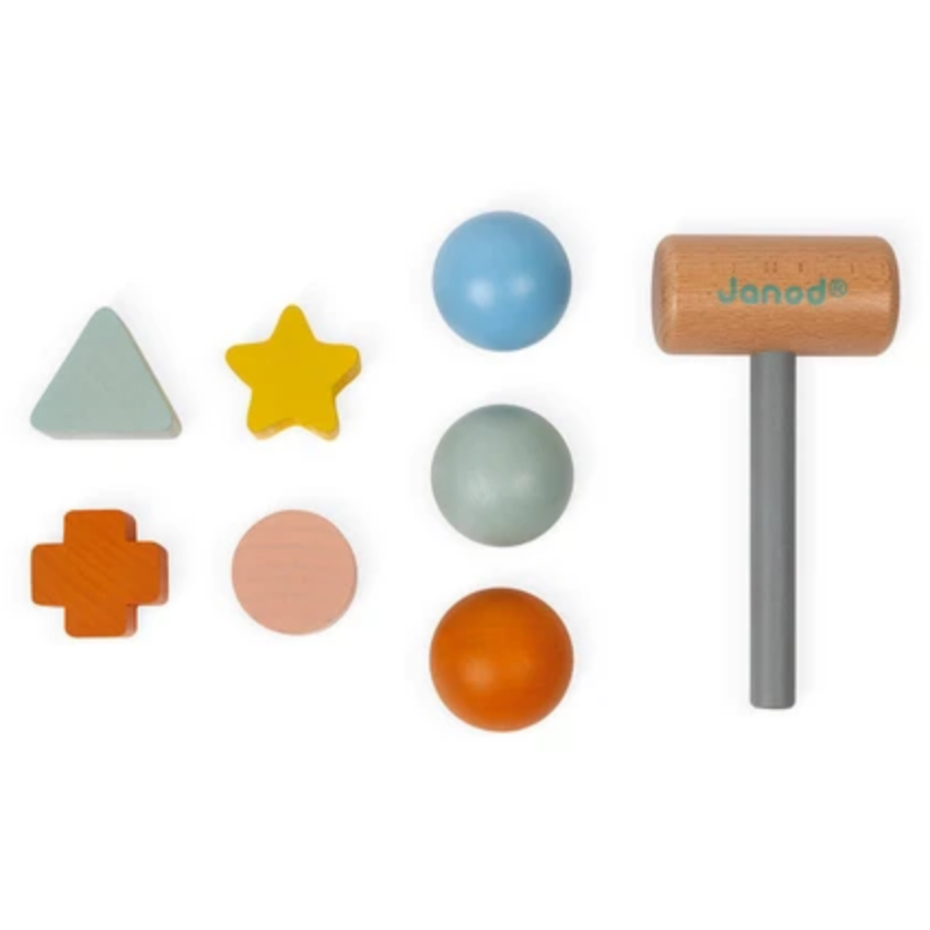 wooden mallet, 3 colorful wooden balls and 4 colorful wooden shapes