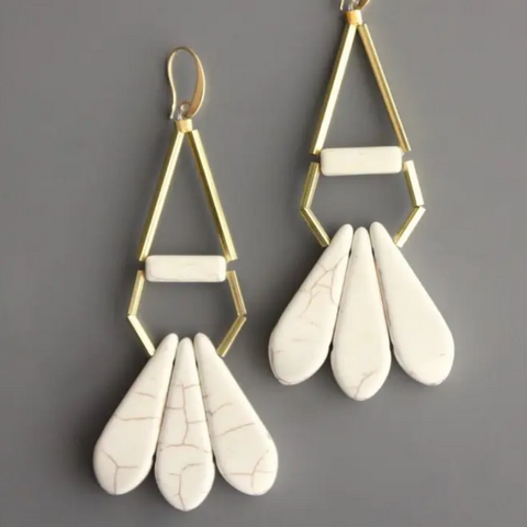 diamond shaped earrings with three white teardrops at bottom 
