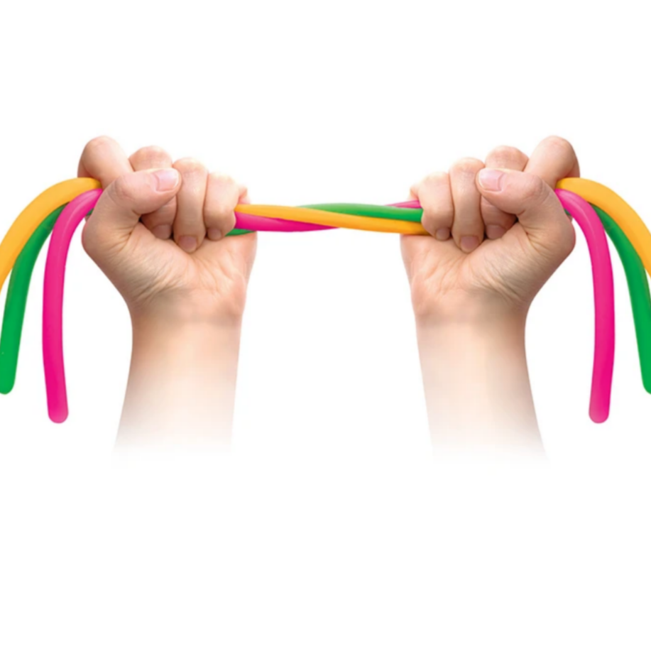 pink, green and yellow noodles being stretched between two hands
