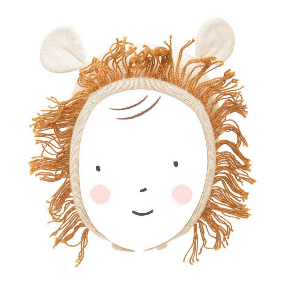 illustrated baby face wearing lion mane bonnet