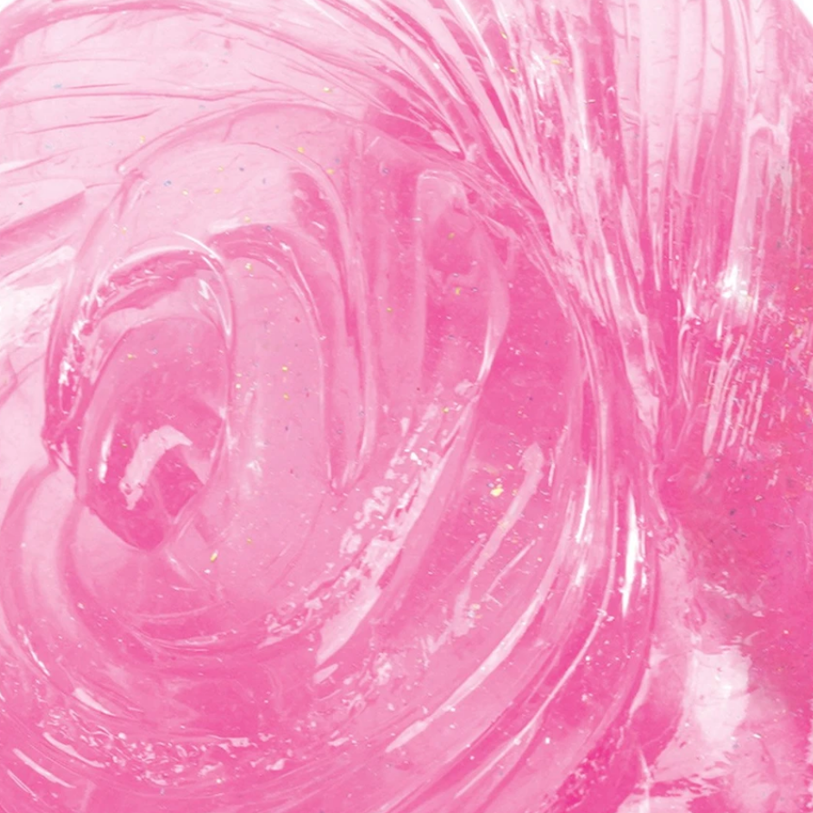 close up on putty that A crystal-clear pink that shines with reflective, iridescent edges