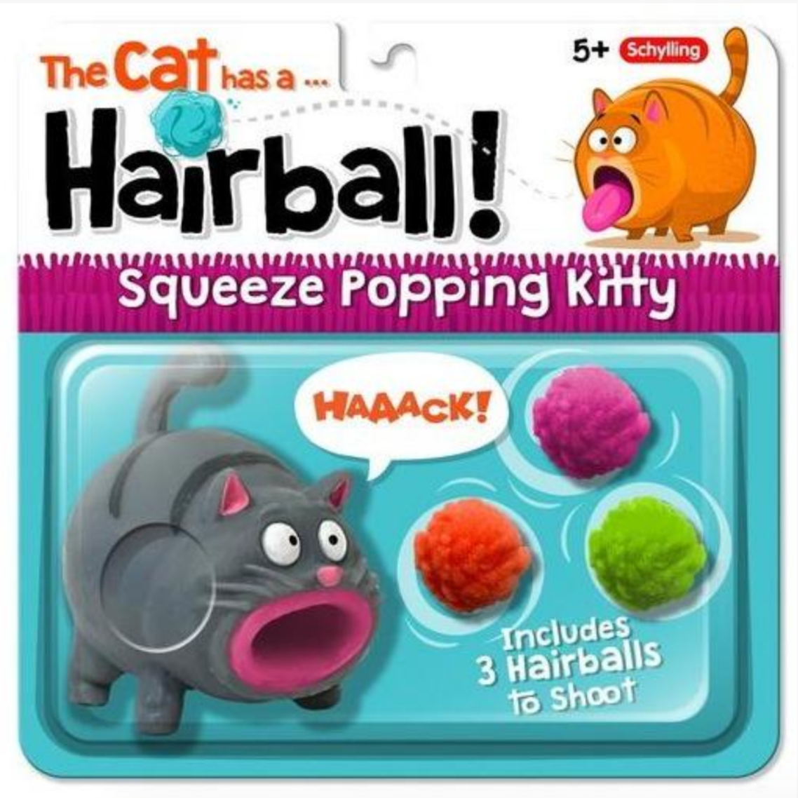 packaging with cat and pompoms inside