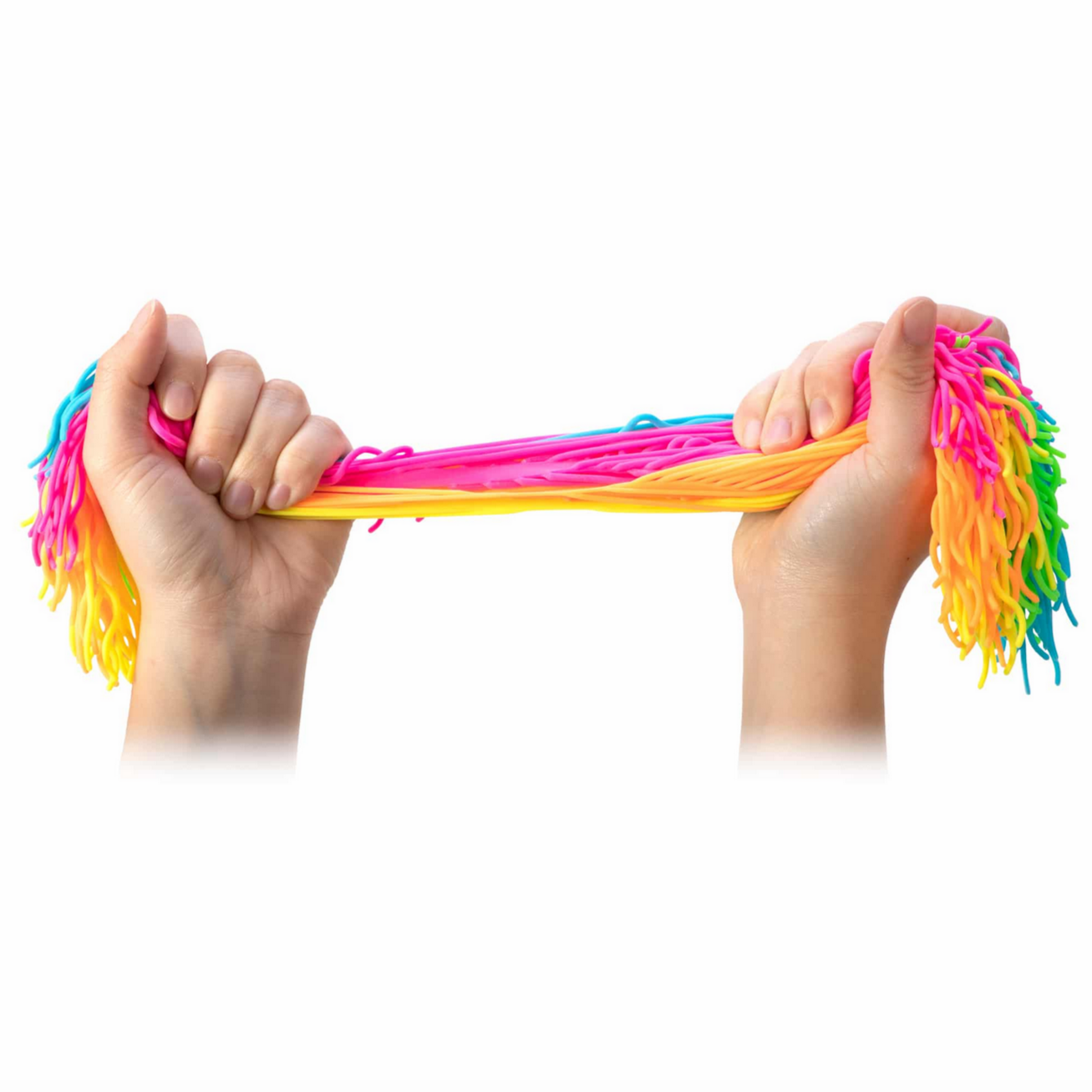 hands stretching thin colorful rubber strings in pink, blue, yellow, orange