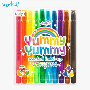10 colorful crayons in clear package with rainbow title