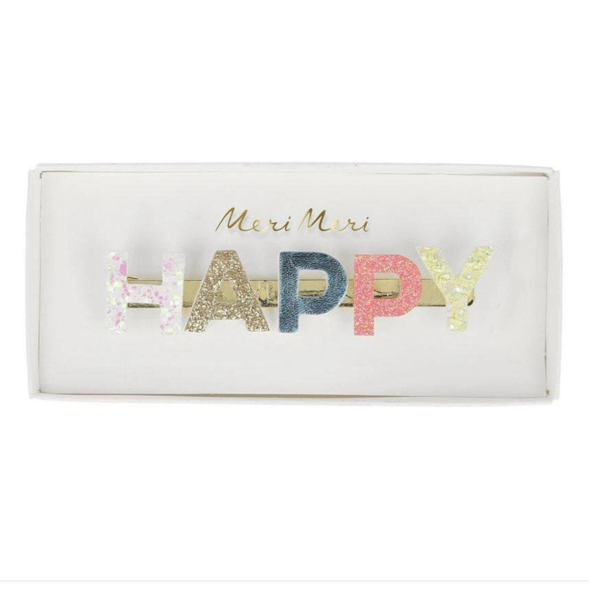 hair clip with 'happy' in colorful glitter letters