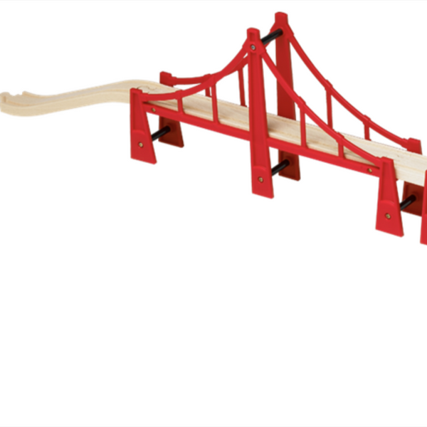 red plastic golden gate bridge with wooden train track track that swoops to the ground and can be attached to another track on other side