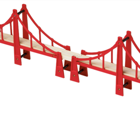 red plastic golden gate bridge with wooden train track tracks