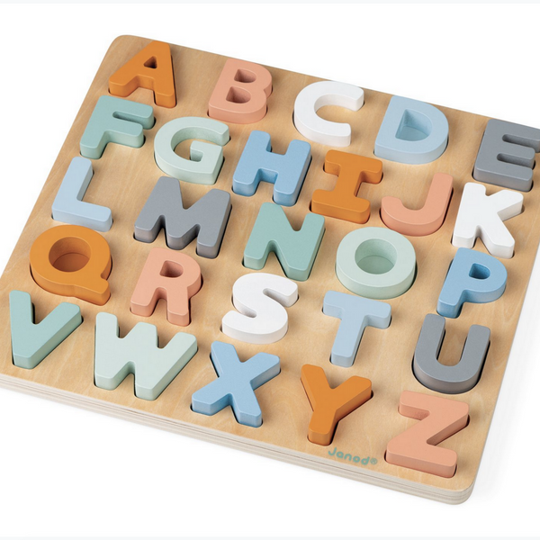 wooden puzzle board with pastel colored letter puzzle pieces in alphabet arrangement