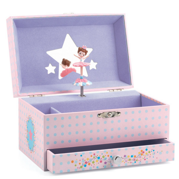 pink and purple music box with spinning ballerina and drawer