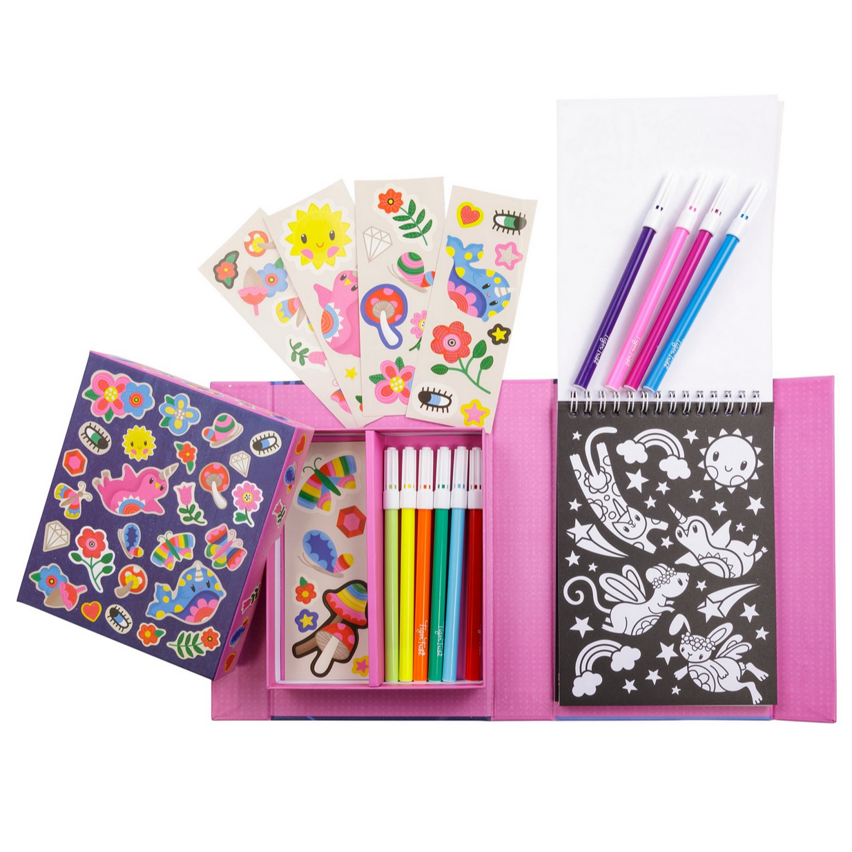 open kit with 10 markers, 5 sticker pages and coloring pad