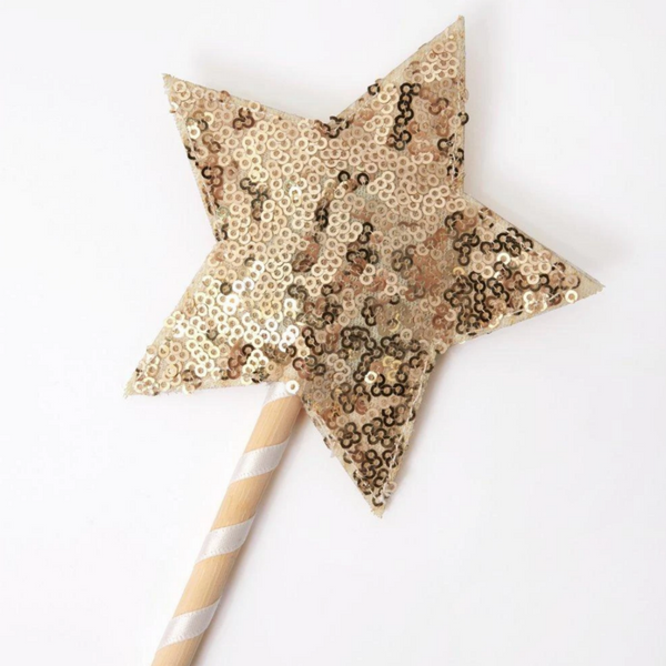 detail of sequined gold star on top of wooden wand