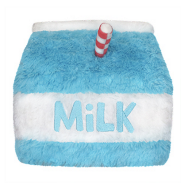 side of blue and white, fuzzy milk carton with red and white straw and MILK written on side
