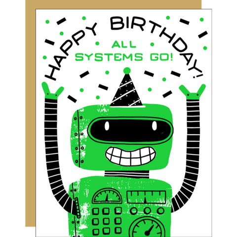 drawing of a green robot wearing a birthday hat