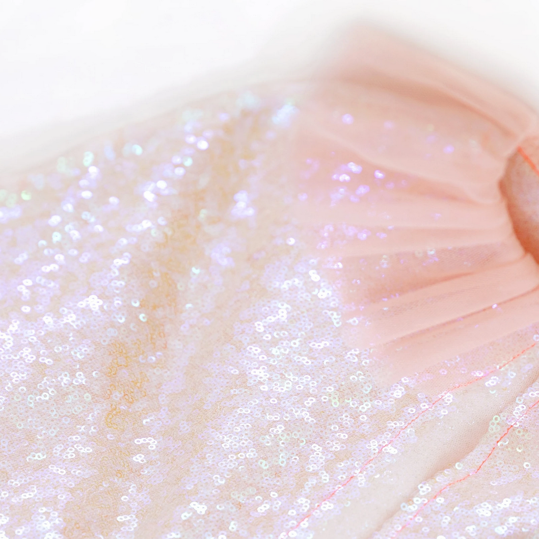 detail of tulle collar and sequins on cape
