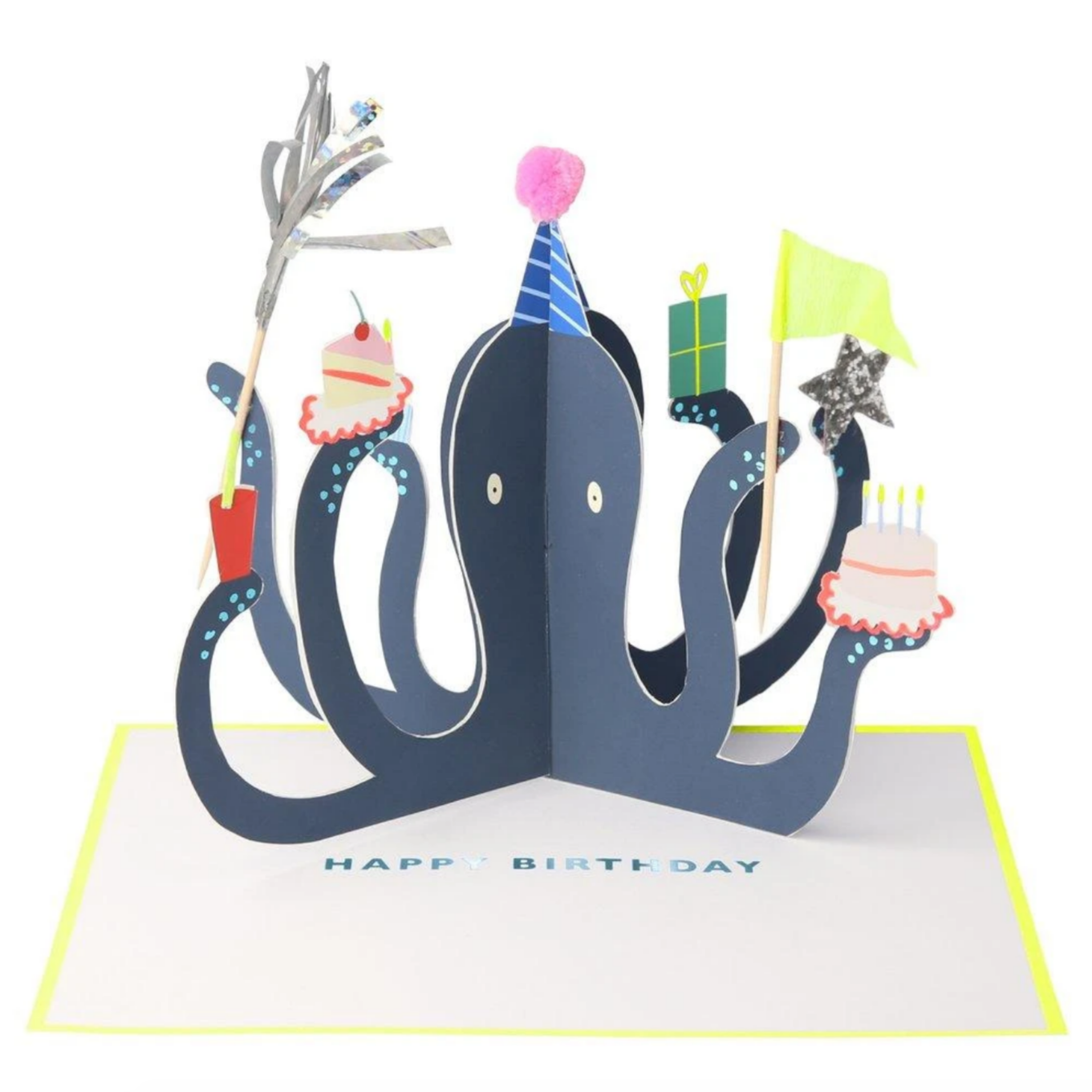 paper octopus holding cake and presents on "happy birthday" card