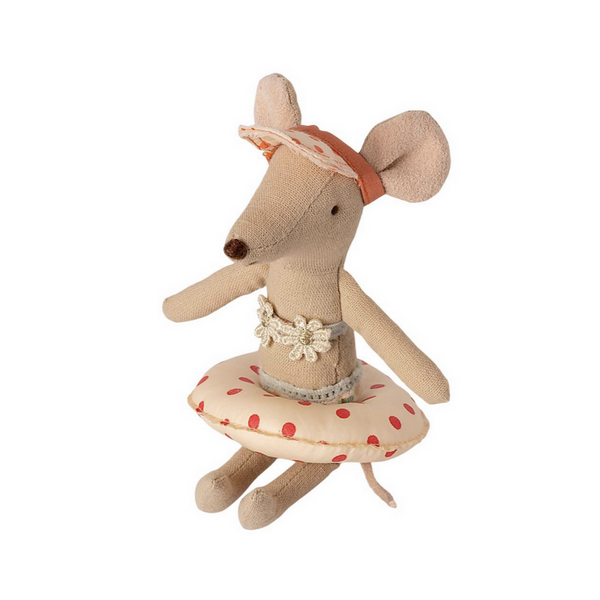 mouse wearing white inner tube with red polka dots