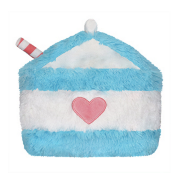 back of blue and white, fuzzy milk carton with red and white straw and a heart on the side