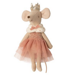 linen mouse wearing golden crown and pink princess dress with fur stole