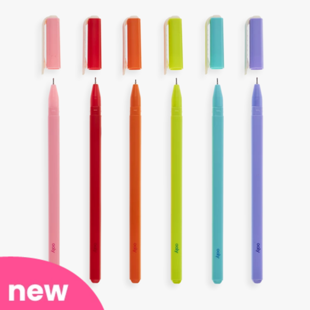 pink, red, orange, green, blue and purple fine line gel pens with tops off