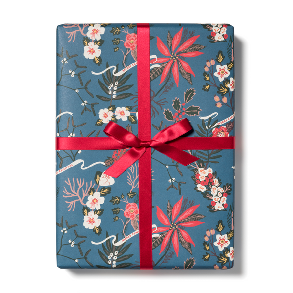 Blue Poinsettia Gift Wrap Roll -roll of 3 sheets