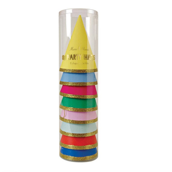 stack of colorful birthday party hats in a clear plastic tube