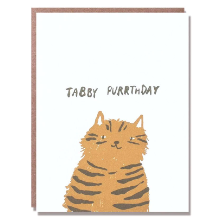 tabby purrthday card with orange cat