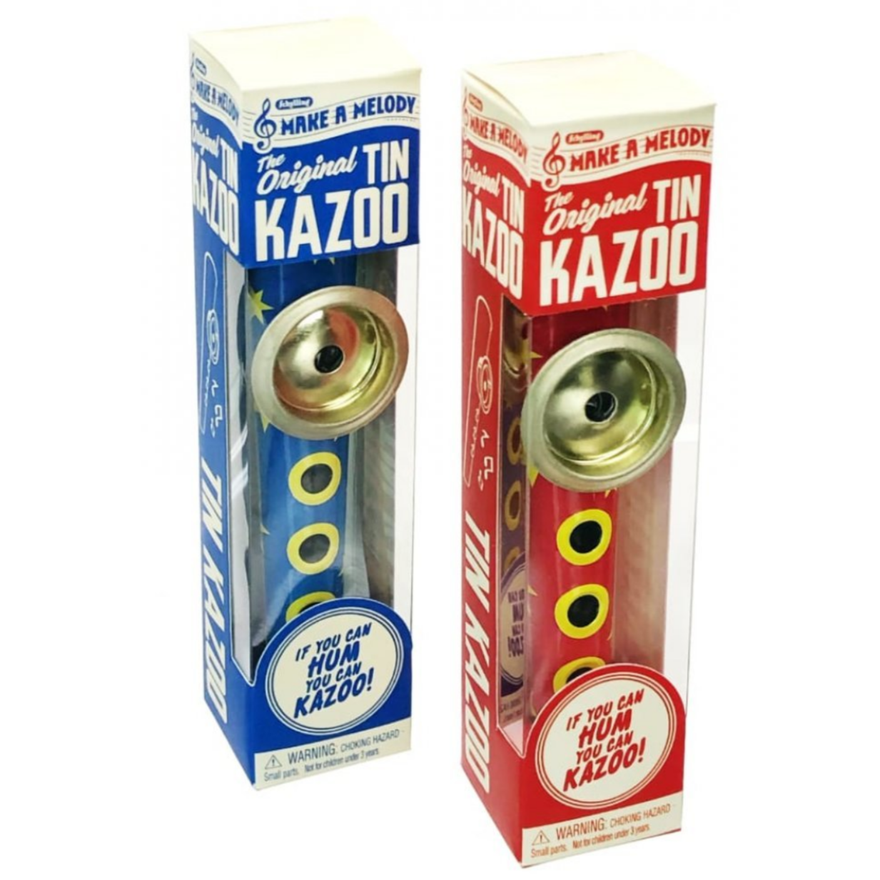 blue and red kazoo in packaging boxes