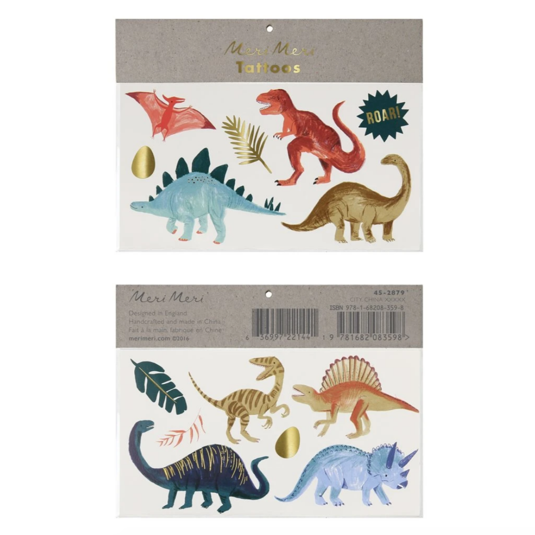 two dinosaur tattoos with gold foil detail