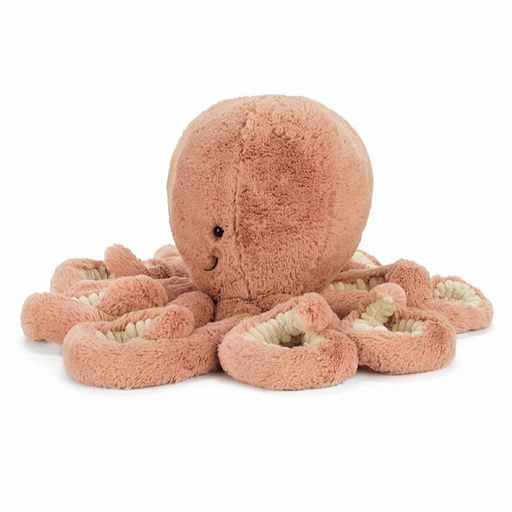 side view of jellycat pink fuzzy octopus plush