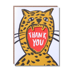 card featuring a roaring cheetah with a die cut mouth showing words " thank you" on red background