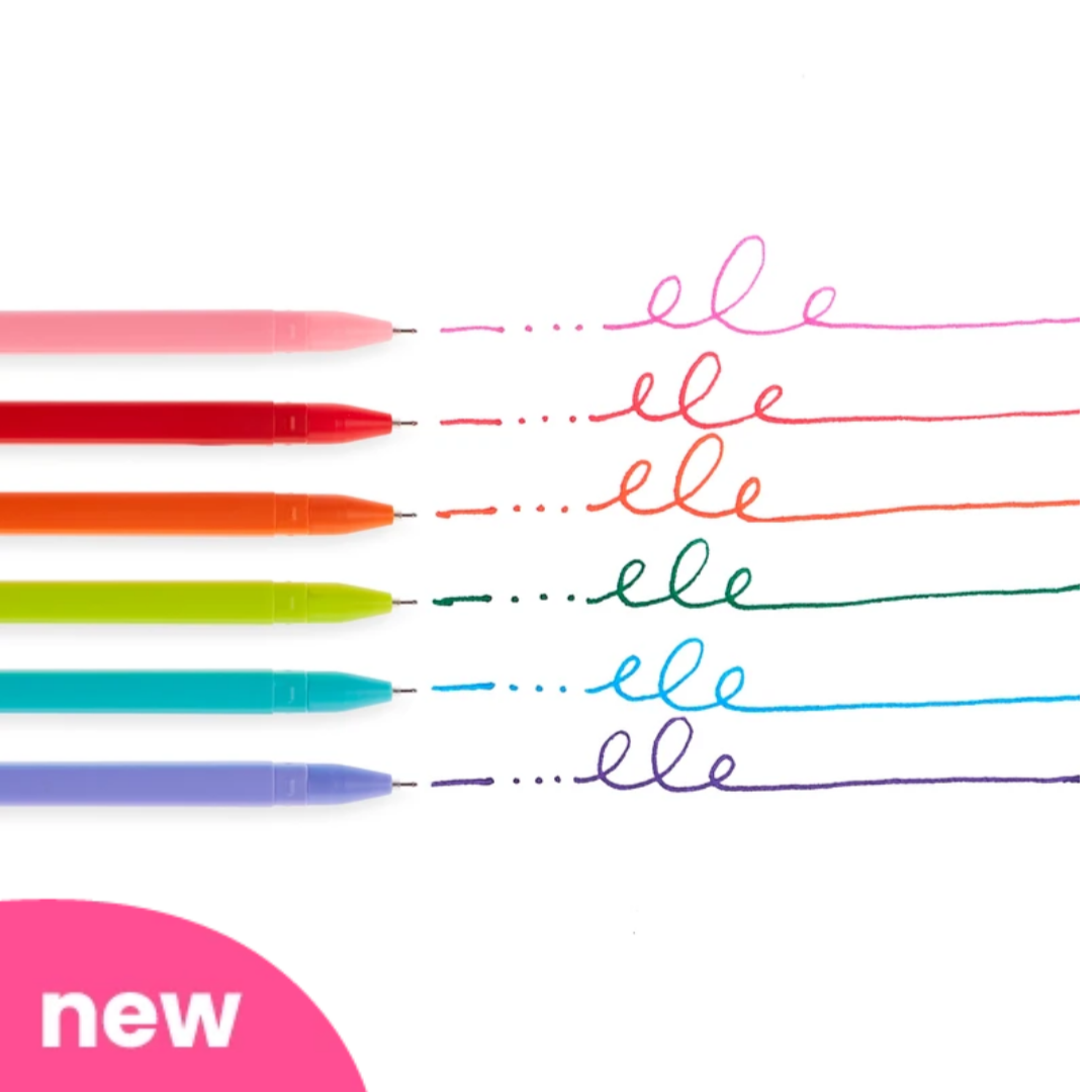 pink, red, orange, green, blue and purple fine line gel pens with picture of how they write on paper