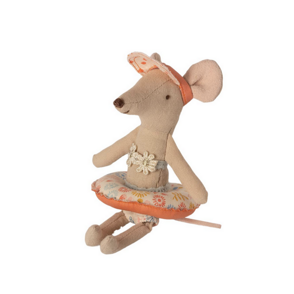 mouse wearing white  and pink inner tube with flowers printed on it