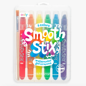 6 colorful crayons in clear package with rainbow text