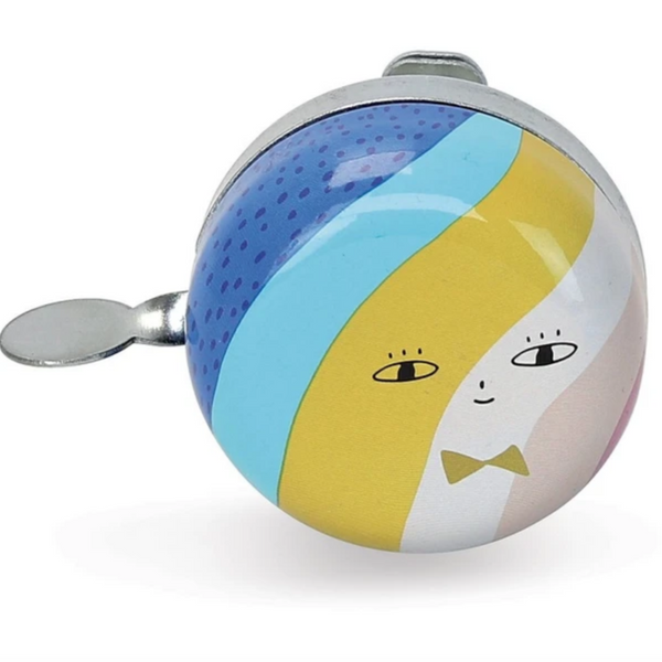 bike bell featuring colorful swirls and a face wearing a yellow bow tie
