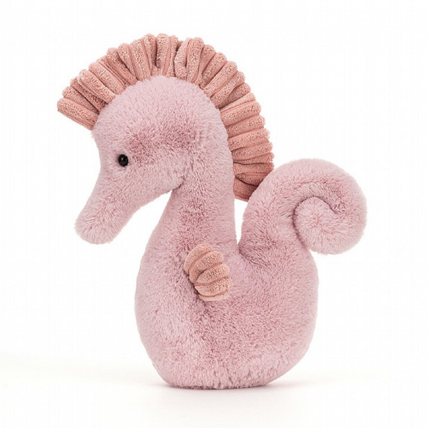 side view of Jellycat pink seahorse plush