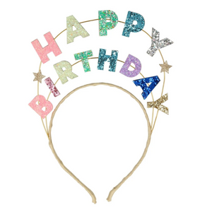 headband with glitterd words above it that spell out HAPPY BIRTHDAY in pastel colors