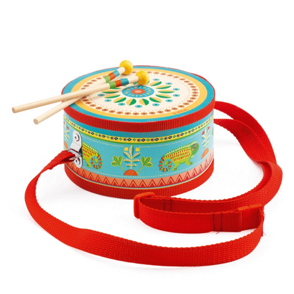 colorful drum with chameleons painted on it. It has red straps and two wooden mallets