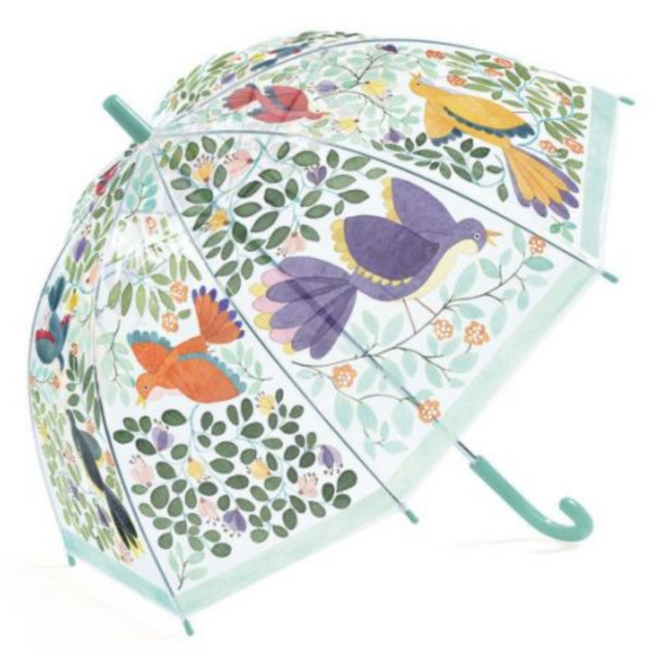 transparent umbrella featuring colorful birds and foliage