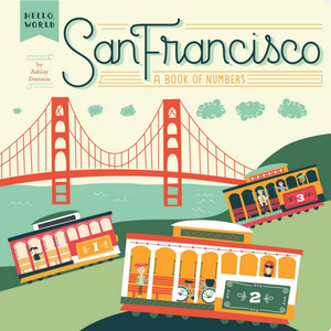 book cover illustration of the golden gate bridge and 3 cable cars