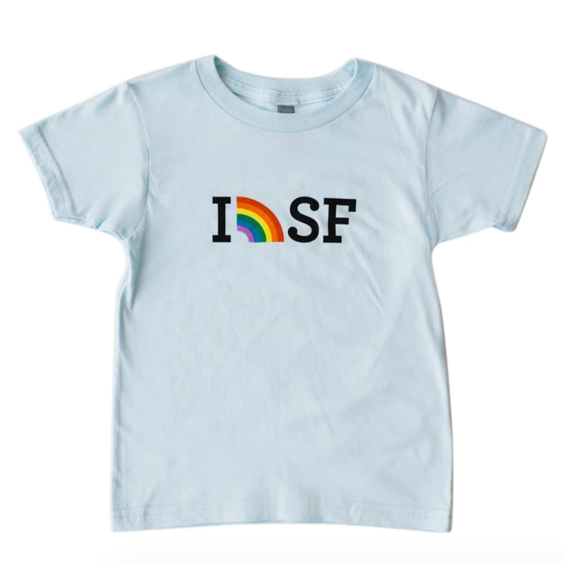 this is a light blue  shirt with an I rainbow SF printed across the chest